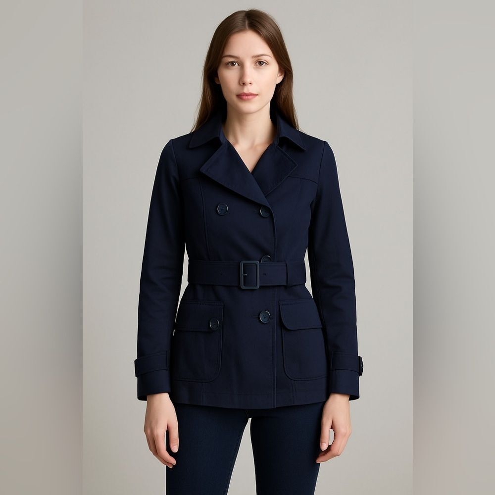 Forever 21 F21 Navy Blue Short Trench Raincoat Jacket w Belt, Size Small